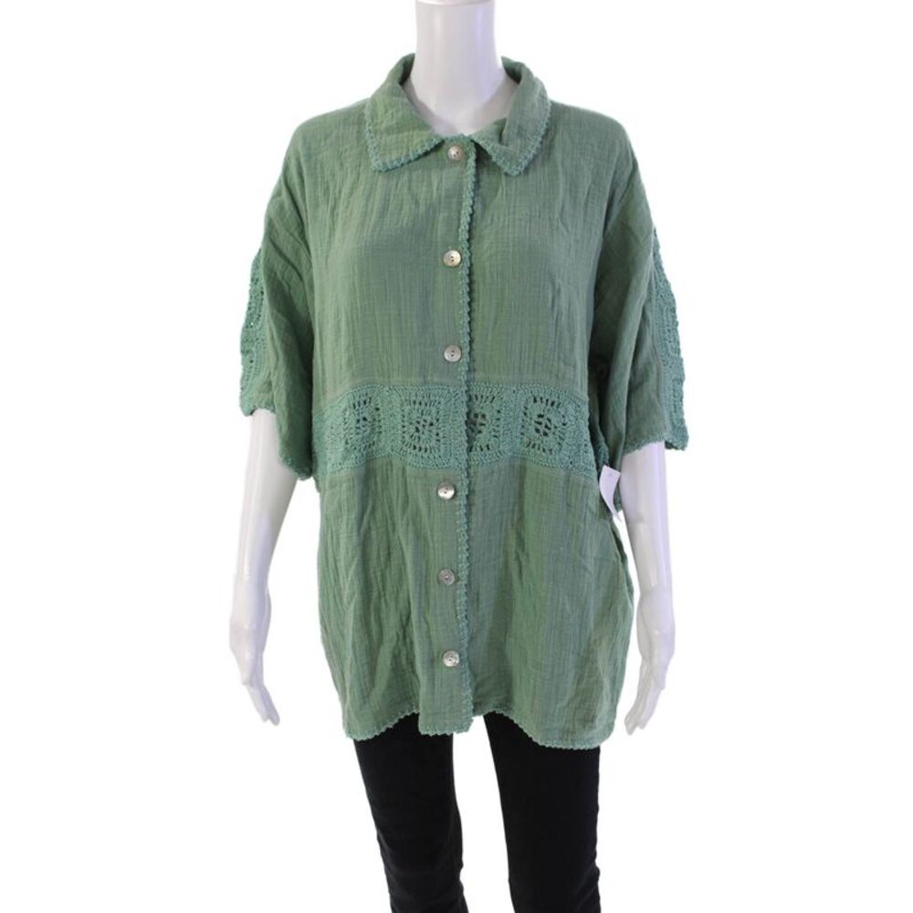 Maurie and Eve Womens Button Front Short Sleeve Collared Shirt Green Size 4